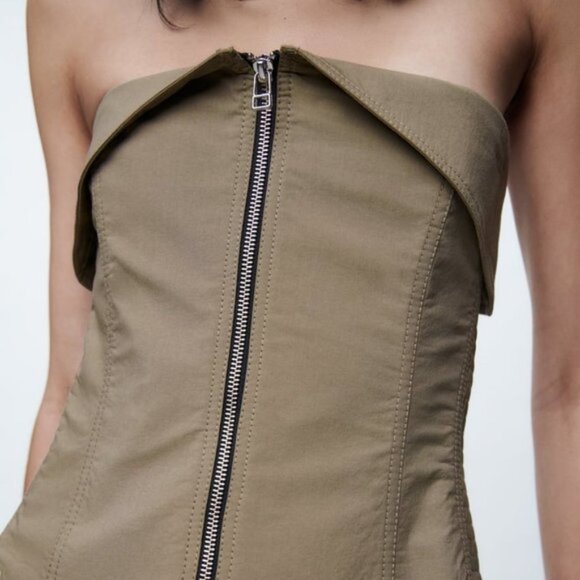 NEW ZARA WOMEN'S 2-Piece ZIPPER BUSTIER/ TOPSTITCHED ZIPPERED CARGO PANTS Khaki - Picture 9 of 15